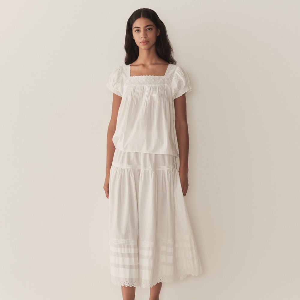 NWT Doen Francia Cotton Poplin Eyelet Pintuck Puff Sleeve Blouse Top Salt White - Picture 4 of 13